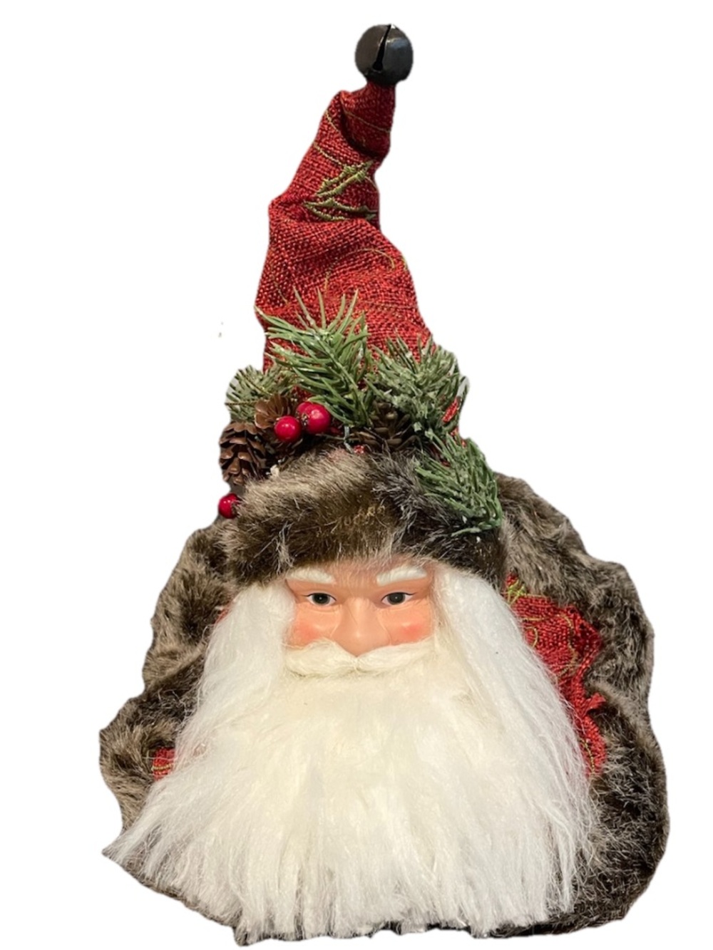 Vintage Red Rustic Santa Holiday Decorative Ornament with Faux Fur Trim